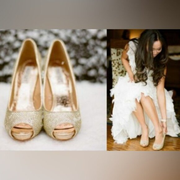 Badgely Mischka Gold Glitter Humbie II Peep Toe Platform Evening Pumps 7.5L & 8R - Picture 2 of 14